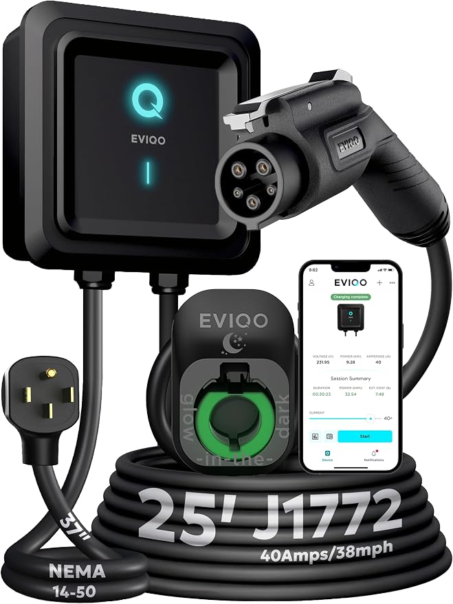 EVIQO Level 2 EV Charger J1772 40A NEMA 14-50 - 240V Wall Charging Station