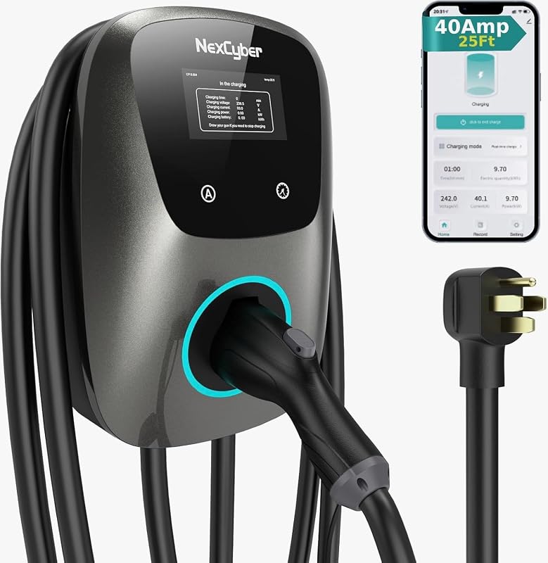 Level 2 EV Charger with WiFi App, 40A NEMA 14-50 Plug, 25ft Cable, ETL Certified
