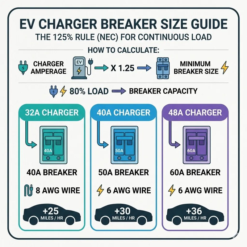 EV charging image related to EVSE Amperage, Vehicle Onboard Charger Limits, and Breaker Sizing