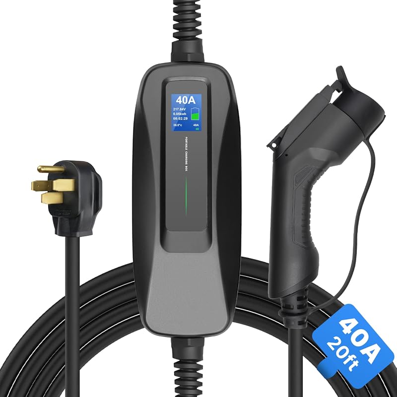Morec 40 amp Level 2 portable EV charger with LCD display and NEMA 14-50 plug