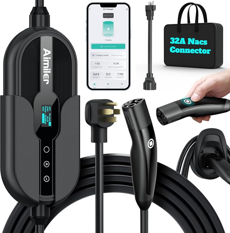 AIMILER Level 2 Tesla charger with WiFi app, 32 amp rating and NACS connector