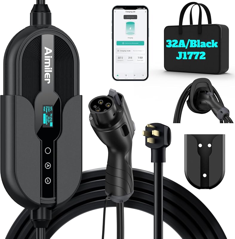 AIMILER 32A Level 2 portable EV charger with WiFi app, NEMA 14-50P plug and 25-foot cable