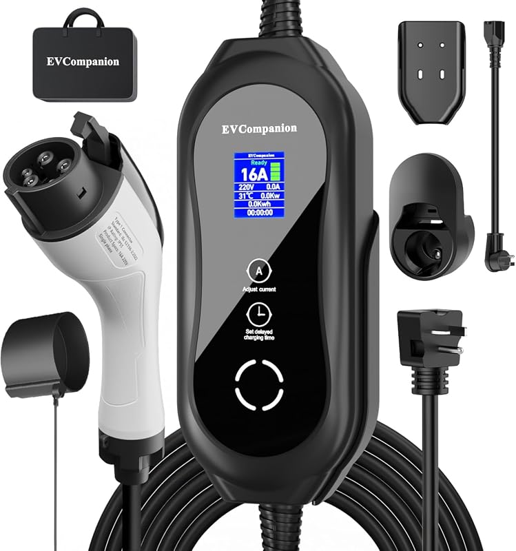 Level 1 and 2 portable EV charger with LED touchscreen and 21-foot J1772 cable