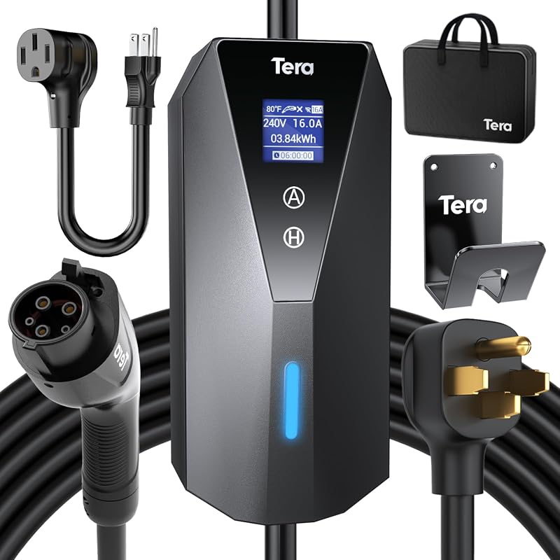 Tera P02 portable Level 1 and 2 EV charger with J1772 connector and 23-foot cable