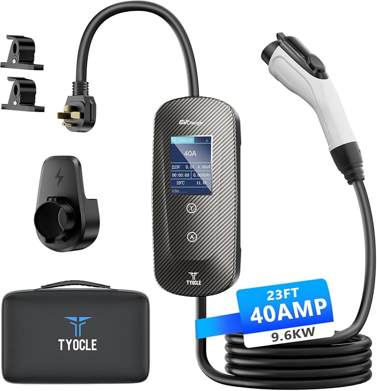 Tyocle dark gray 40 amp Level 2 EV charger with J1772 connector and hanging bracket