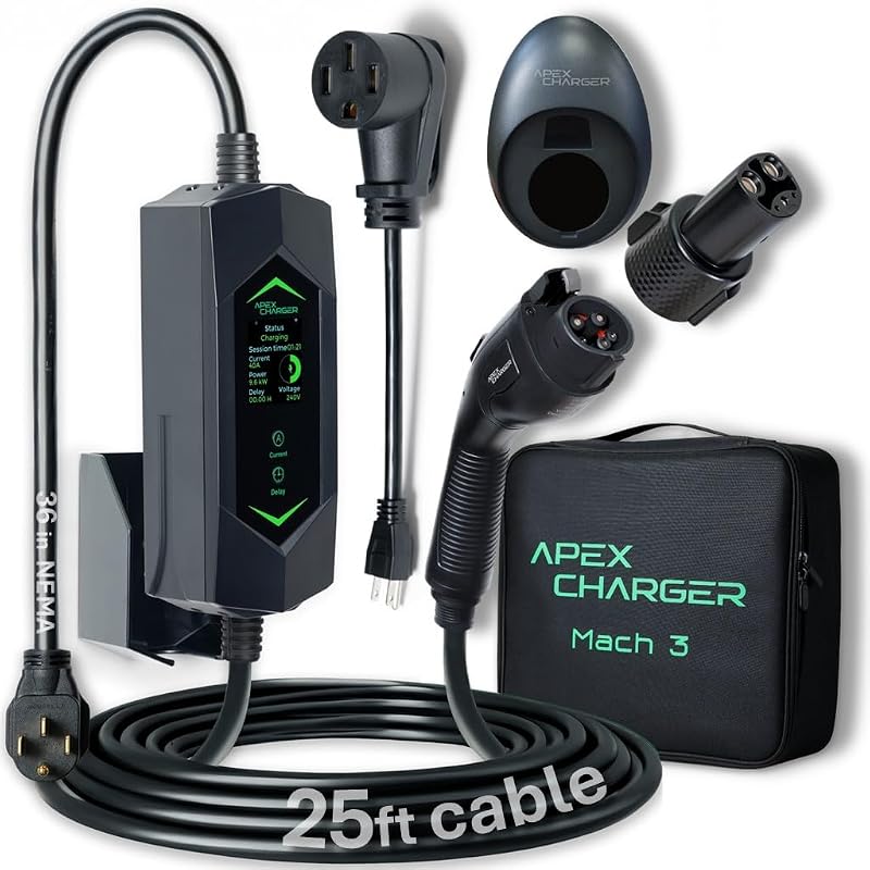 MACH 3 Fast portable EV charger with LED display, J1772 connector and Tesla NACS adapter