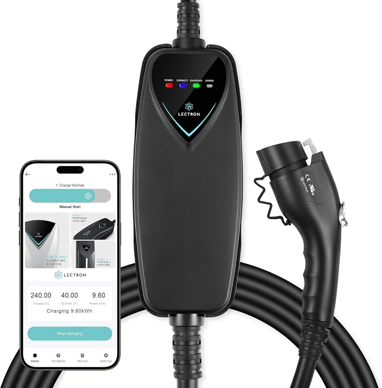 Lectron 40A Level 2 portable J1772 EV charger with WiFi app control and 16-foot cord