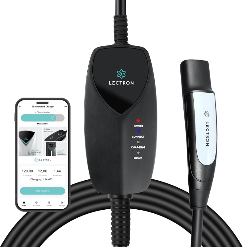 Lectron Level 1 Tesla WiFi portable EV charger with app control and 16 foot NACS cable