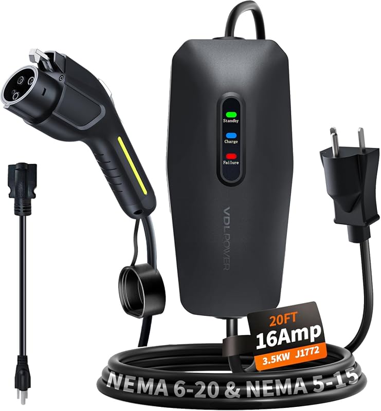Compact 16 amp Level 1 and 2 portable EV charger with 20 foot cable for J1772 EVs