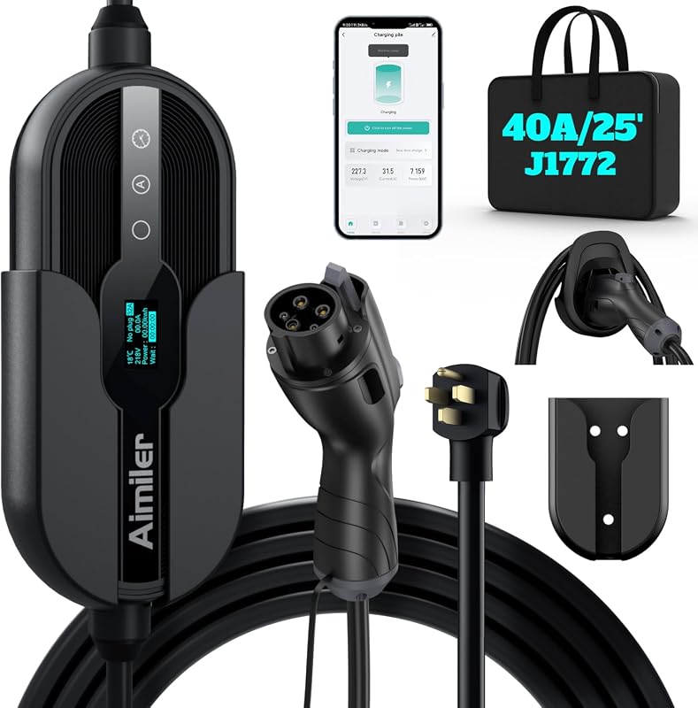 AIMILER Jet 40A Level 2 WiFi plug-in EV charger with 25 foot cable and J1772 connector