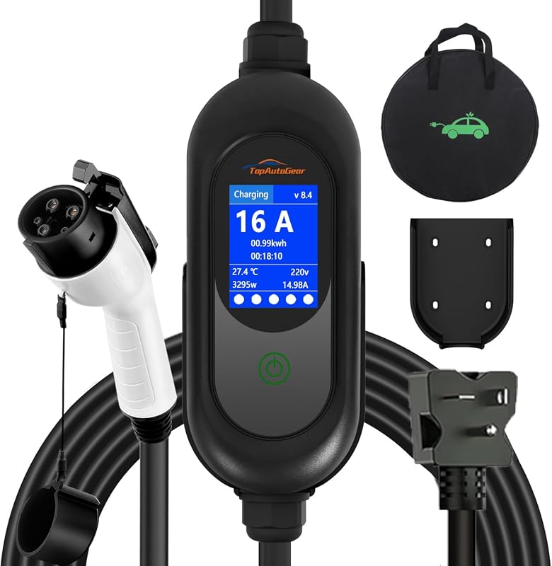 TopAutoGear portable Level 1 and 2 EV charger with 40 foot cable and LCD display