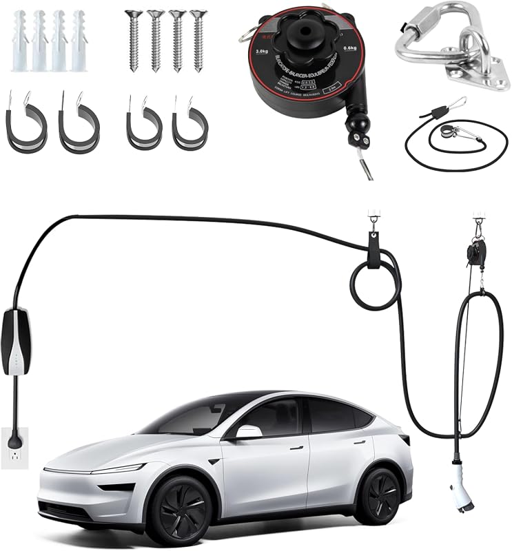 Universal overhead retractable EV charger cable management system for garage
