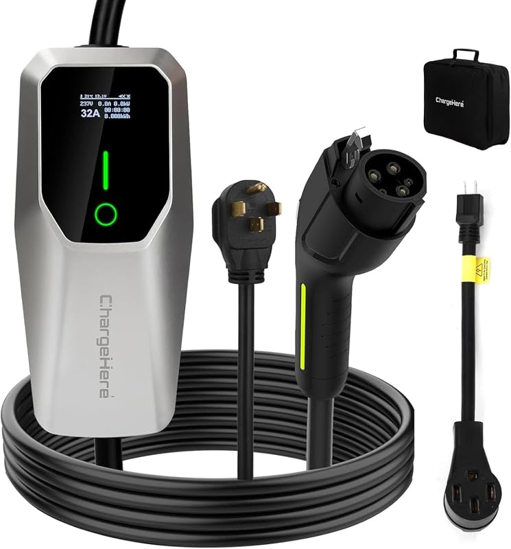 CHARGEHERE 32 amp Level 1 and 2 portable EV charger with adjustable current and 25 foot J1772 cable
