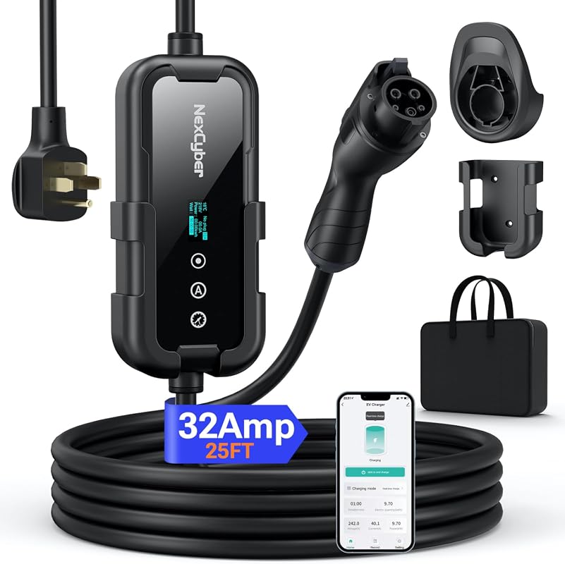 NexCyber 32A Level 2 plug-in EV charger with NEMA 14-50 plug and 25 foot J1772 cable