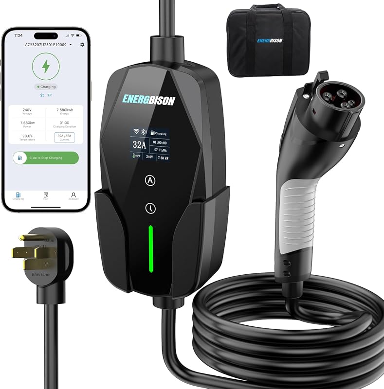 Portable 32A Level 2 EV charger with smart app and NEMA 14-50 plug