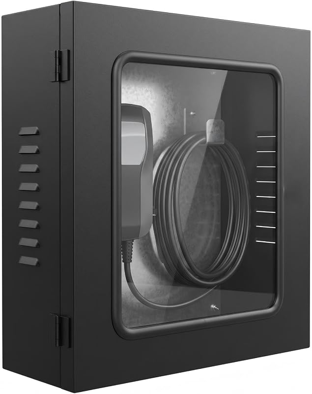 Wall mount outdoor EV charger enclosure with lockable weatherproof metal box