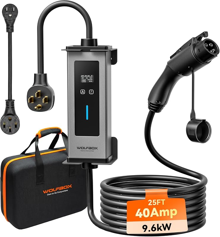 WOLFBOX PE40 portable Level 1 and 2 EV charger rated at 40 amps for J1772 EVs
