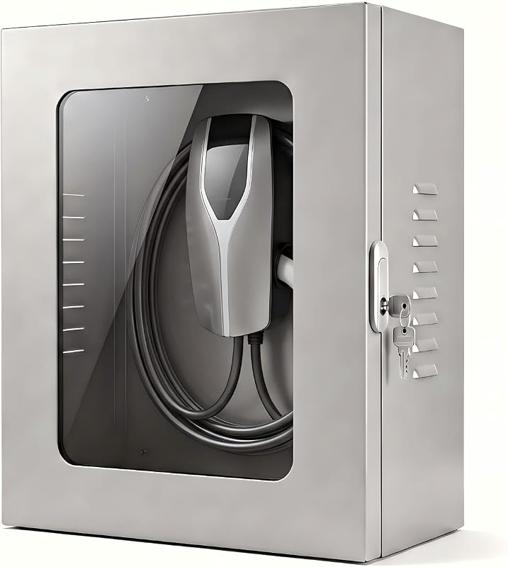 Large gray steel lock box for wall mounted EV charger protection