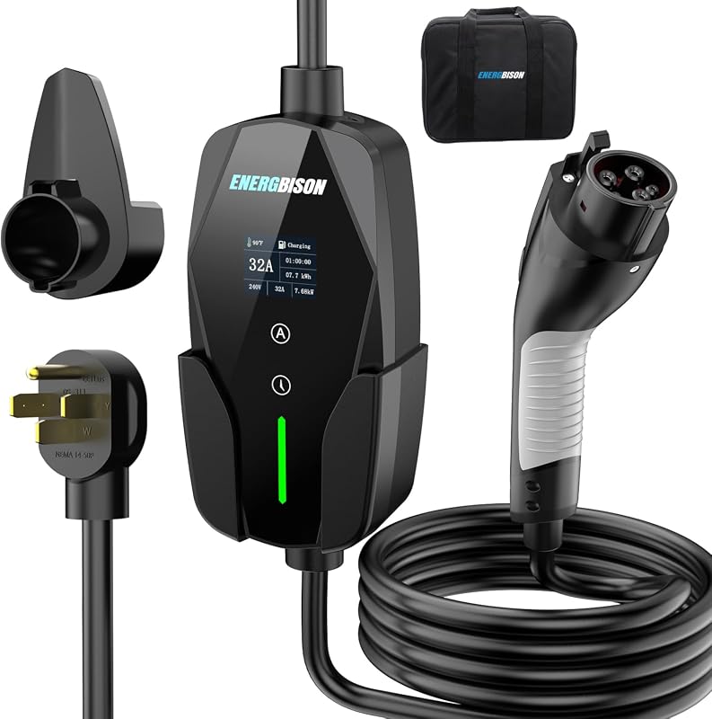 32A 7kW Level 2 portable EV charger with NEMA 14-50 plug and 25-foot cable