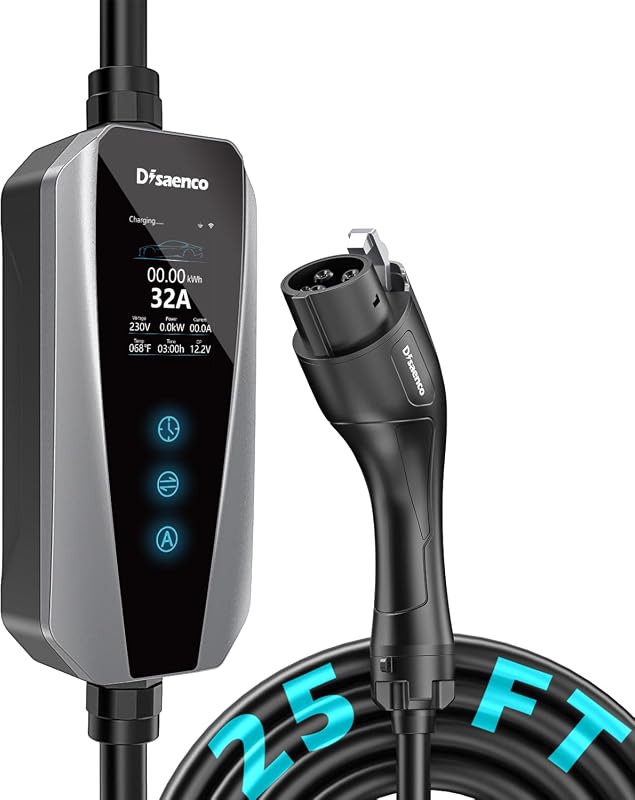 Disaenco 32A portable Level 2 EV charger with NEMA 14-50 plug, 25 foot cable and J1772 connector